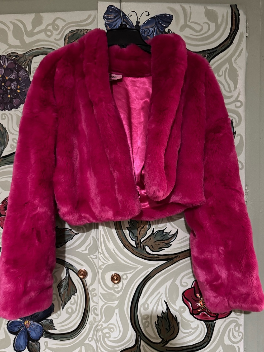 Vixen by Micheline Pitt Hot Pink Cropped Faux Fur Jacket